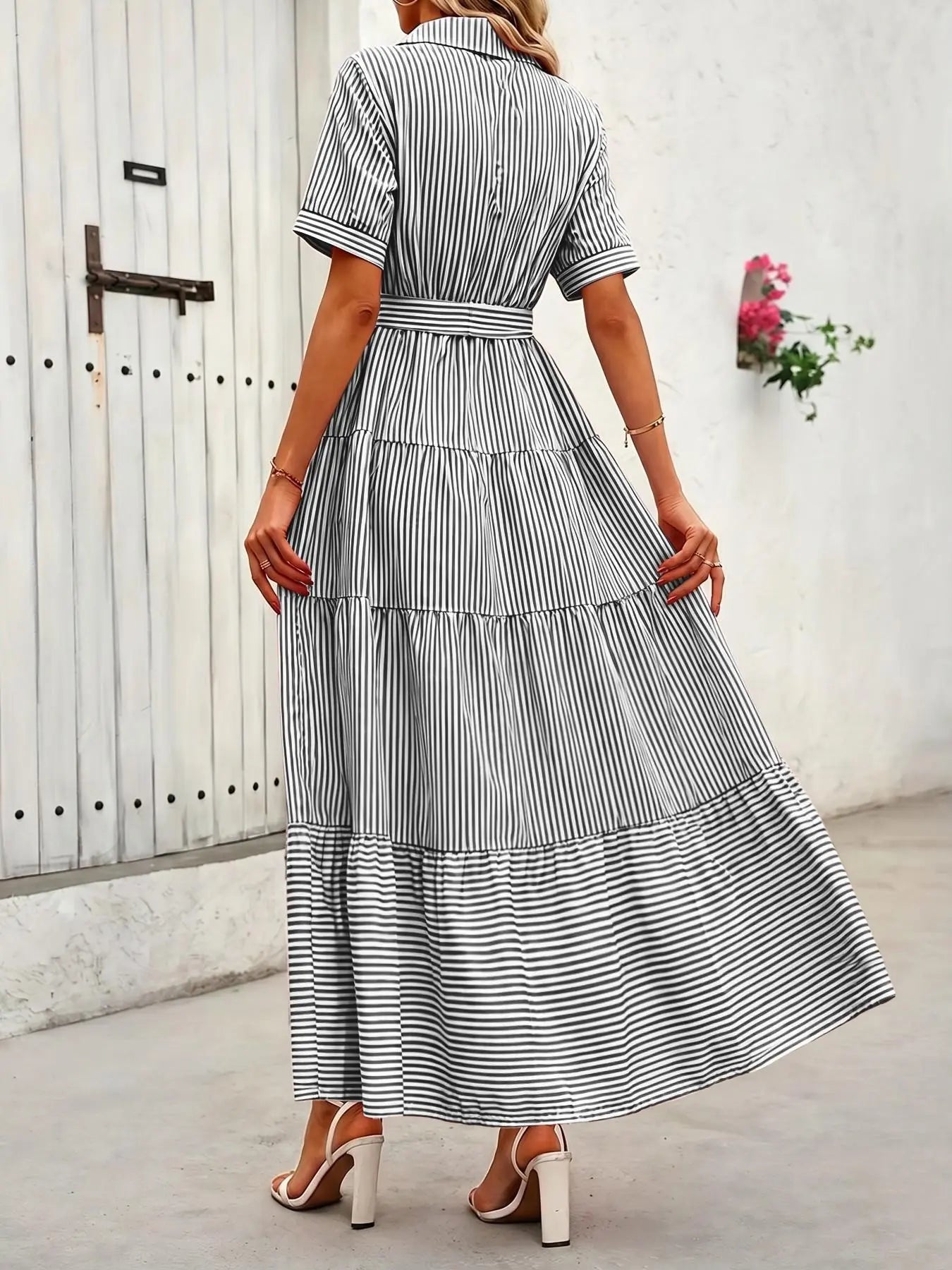 Women's Striped Print Adjustable Belted Button Dress, Elegant Chic Casual Fashion Long Dress for Summer, Breathable Lightweight Dress, Women's Clothing for Daily Wear, Fit, Womenswear, Maxi