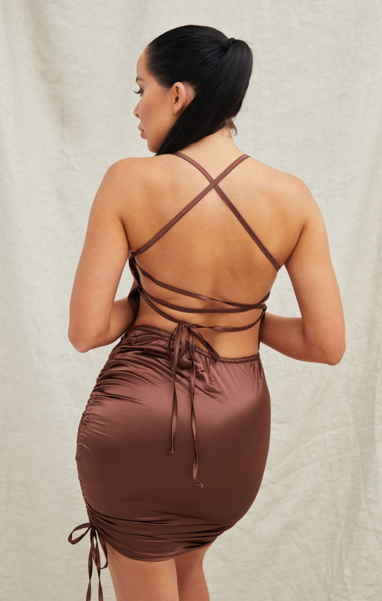 Satin Ruched Cross Over Back Strappy Bodycon Mini Dress