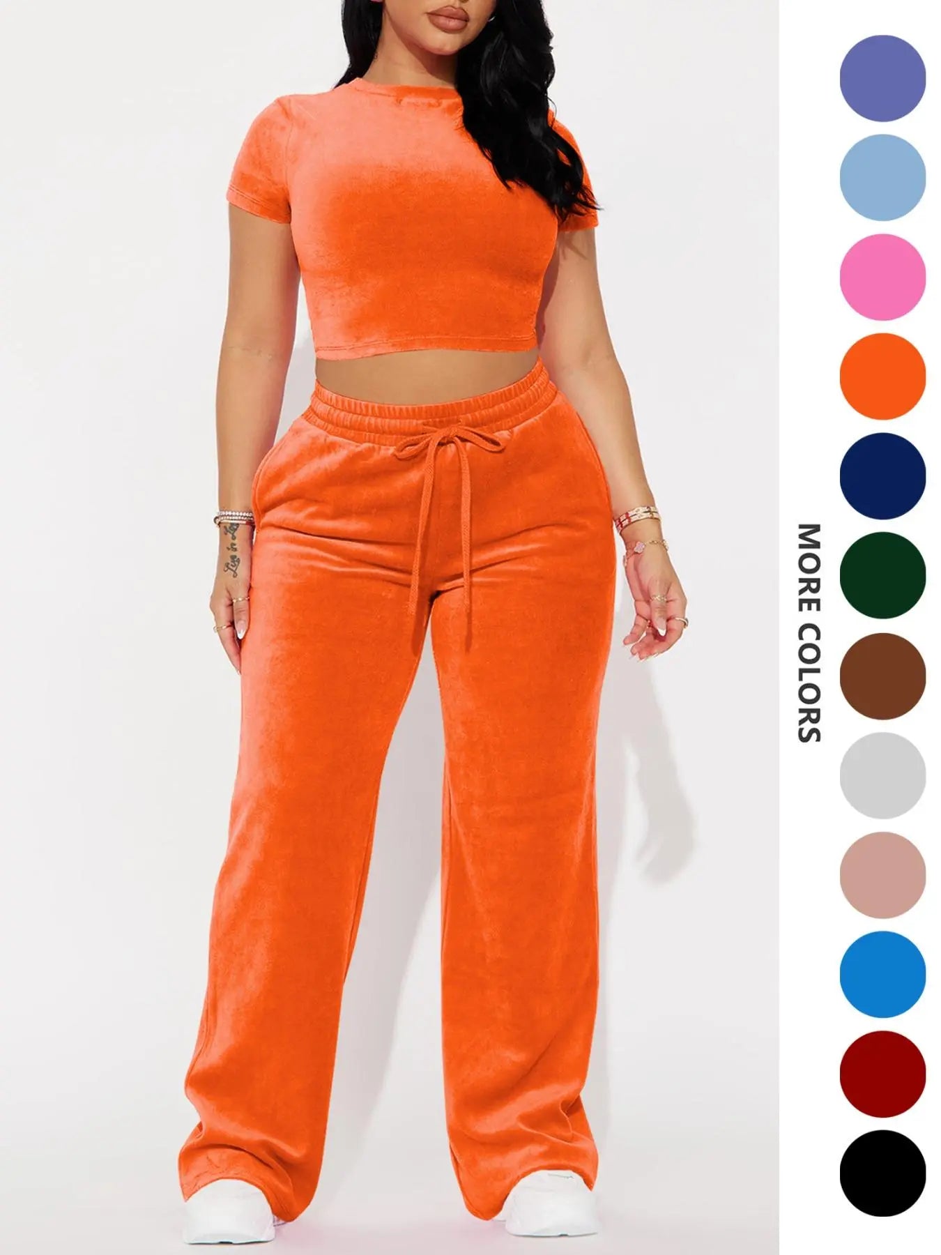 Two-piece Set Women's Solid Crop Tee & Drawstring Waist Pants Velvet Set, Casual Short Sleeve Round Neck T-shirt & Elastic Waist Trousers, Ladies Summer Clothes, Casual Matching Set