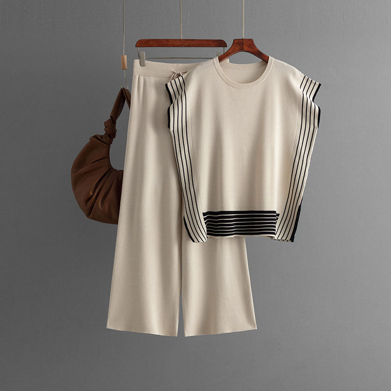 Stylish Striped Patchwork Solid Color Sleeveless Top & High Waist Pants Two-Piece Set