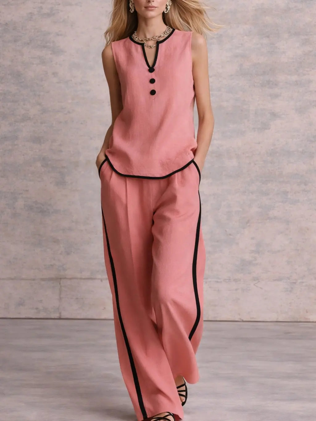 2 Piece Sets Women Minimal Chic Outfit – Sleeveless V Neck Top & Wide Leg Pants, Contrast Trim Linen Set, Elegant Summer Vacation Outfit 2026