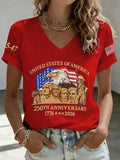 V-Neck Retro United States Of America 250th Anniversary Print T-Shirt