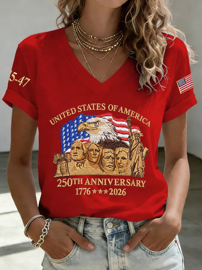 V-Neck Retro United States Of America 250th Anniversary Print T-Shirt