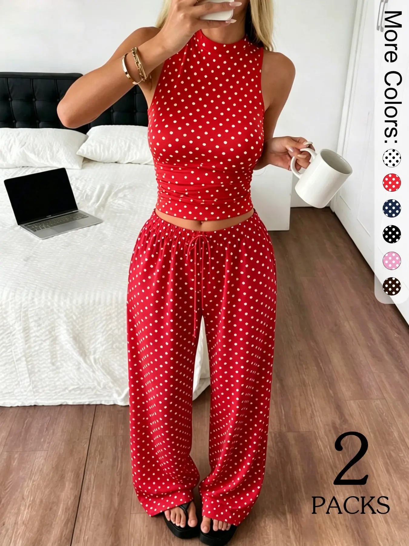 2 Pack Women's Polka Dot Loungewear Set, Sleeveless High Neck Crop Top & Wide Leg Pants, Clean Girl Style Minimalist Summer Outfits with Drop Waist, Slim Fit Lingerie Outfit for Daily Wear & Casual Lounging