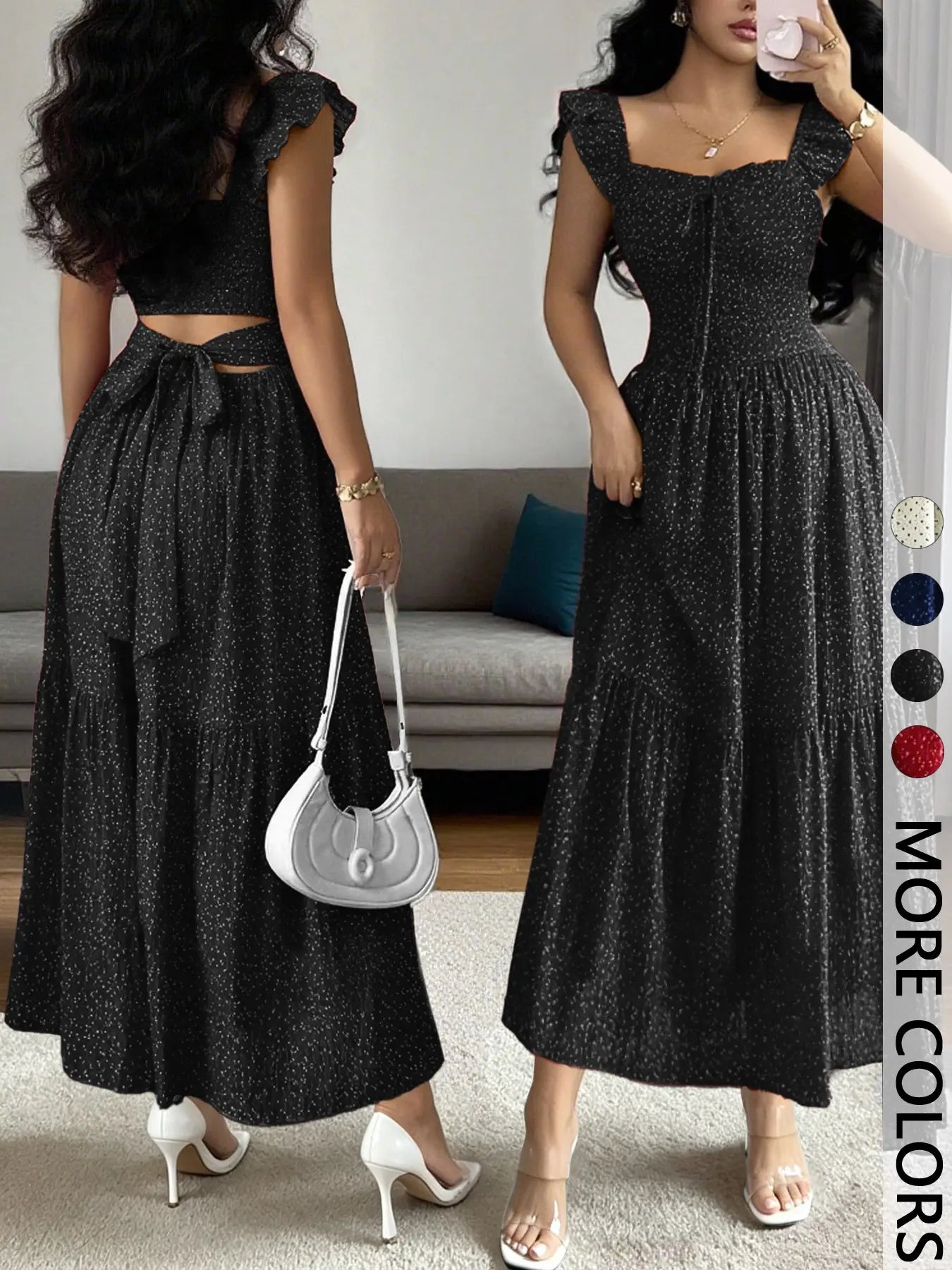 Spring & Summer Ruffled Polka Dot Maxi Dress with Back Tie