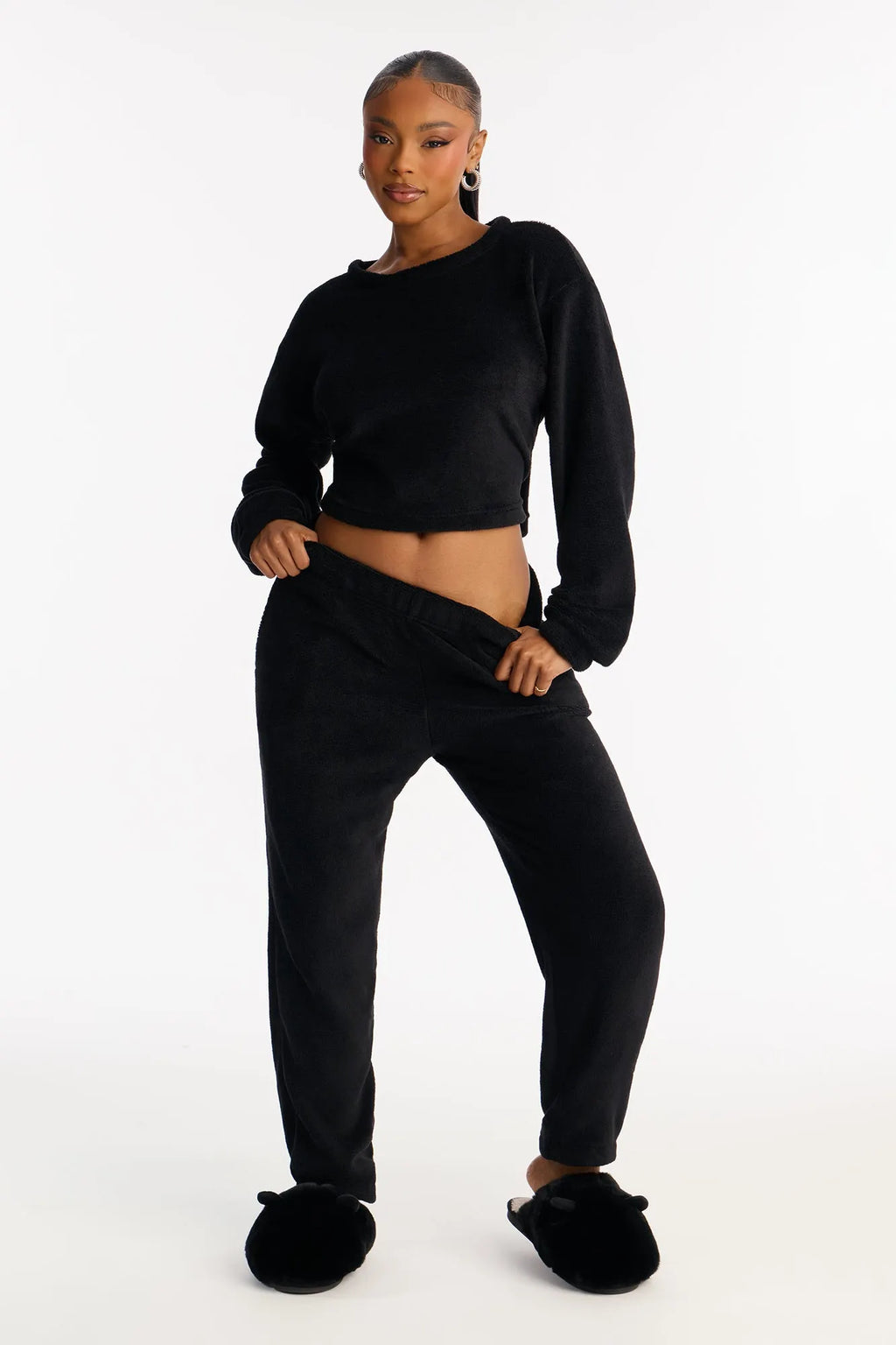 Keep You Cozy Plush Crew Neck PJ Jogger Set - Black