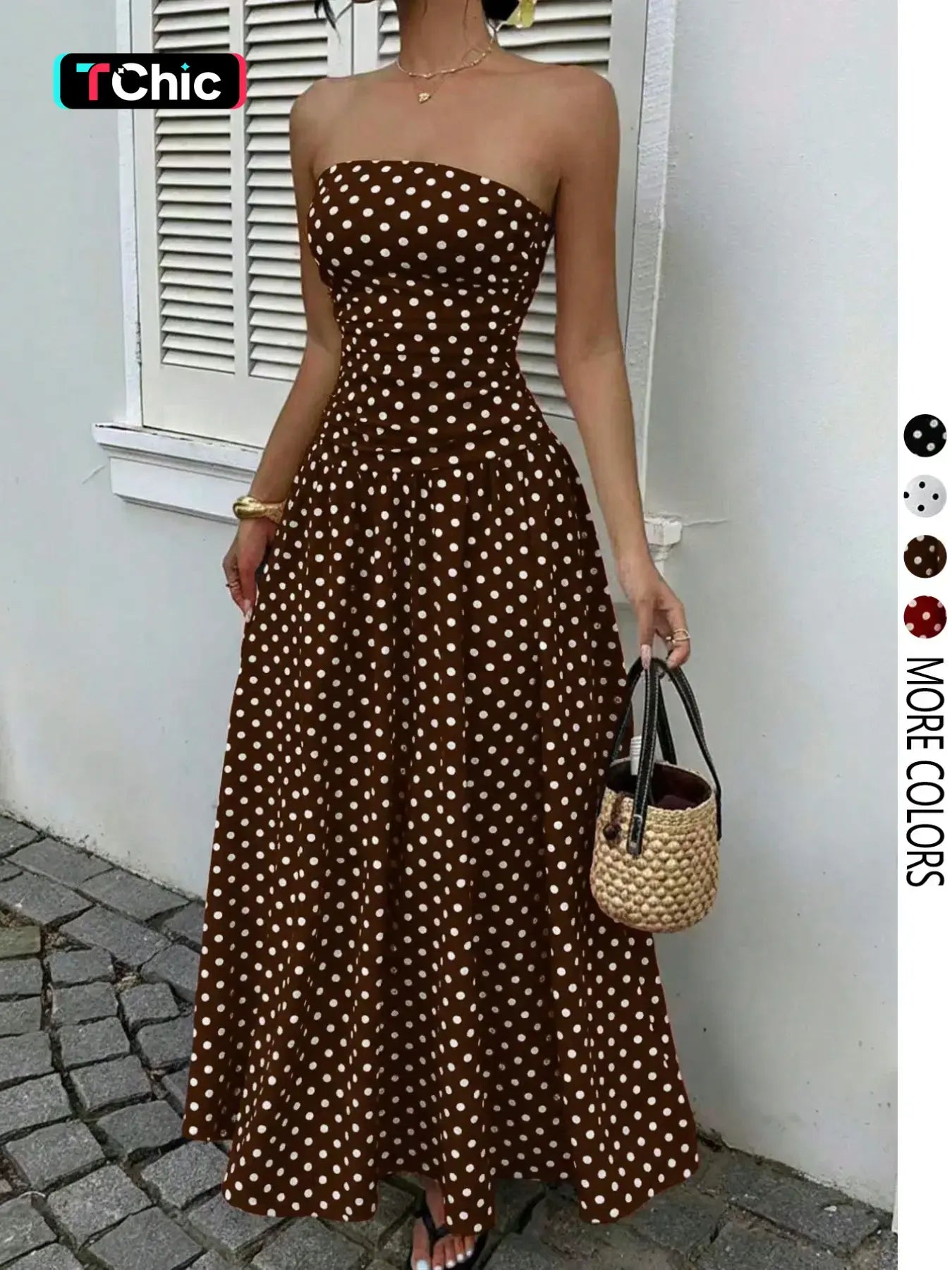 Women's Elegant Polka Dot Strapless Maxi Dress for Parties