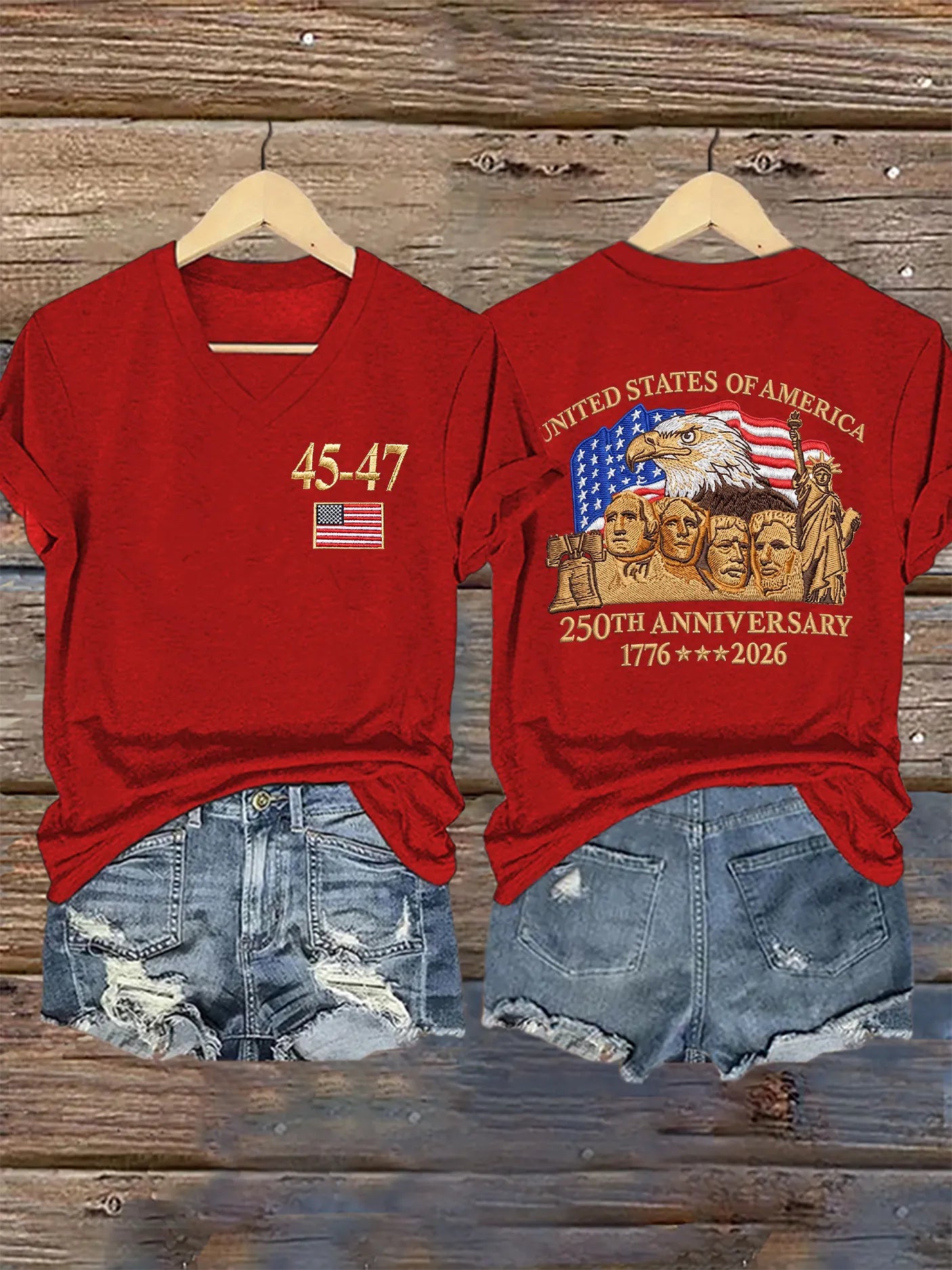 V-Neck Retro United States Of America 250th Anniversary Print T-Shirt