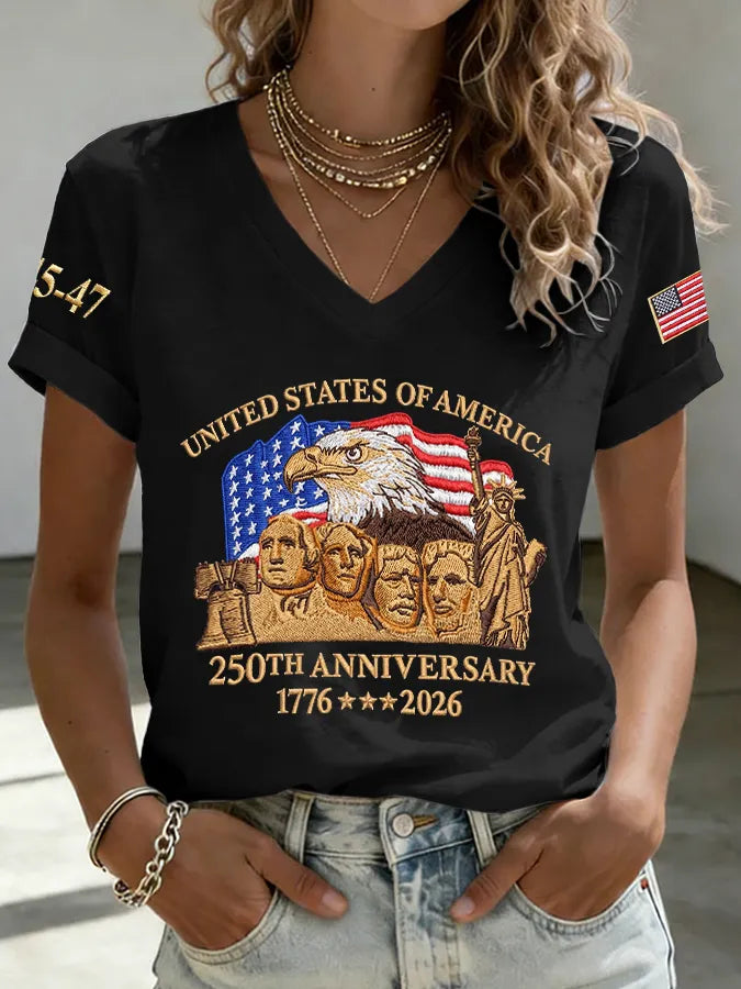 V-Neck Retro United States Of America 250th Anniversary Print T-Shirt