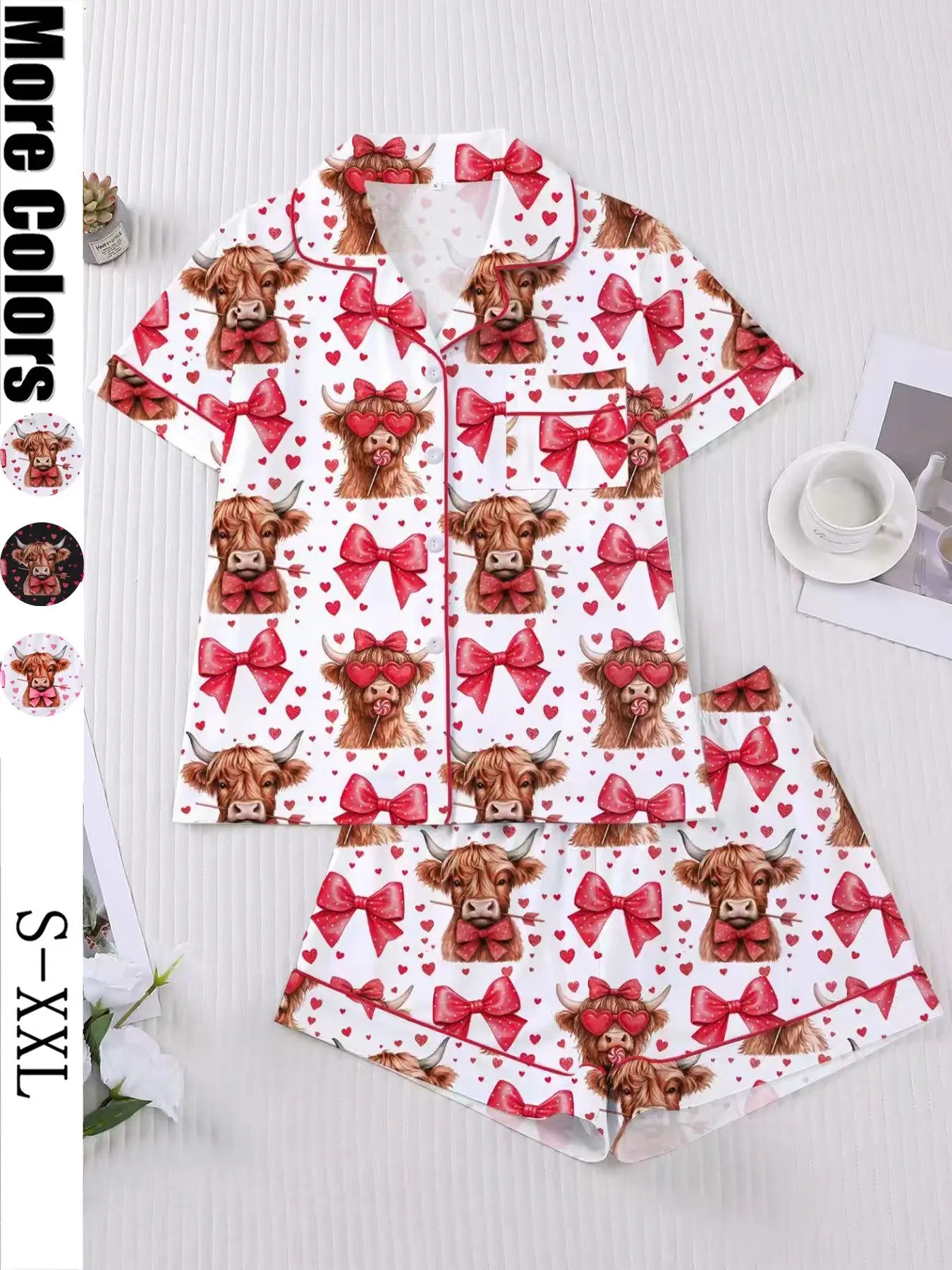 Women's Sleepwear Set, Pajama Set, Pjs, Short Sleeve Button-Up Top & Elastic Shorts