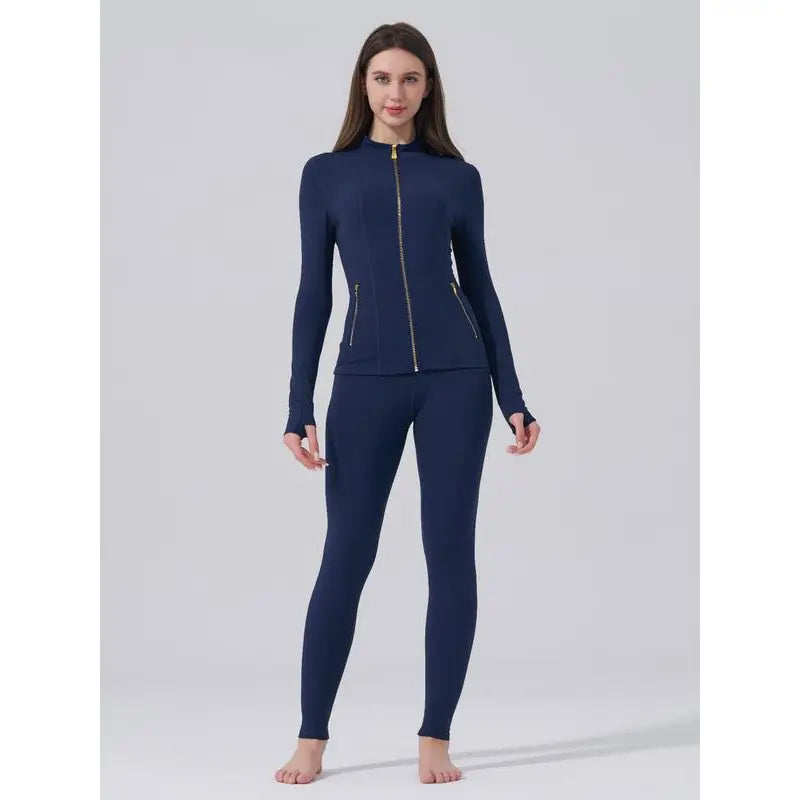 【Golden Zipper】Soft Brushed Women's Sport | Yoga | Quick-dry | Workout Jacket & High Waisted Cropped Leggings. Golden Zipper Jacket with Pockets, Yoga Pants, Thumbholes Design, Casual Slim fit Wear for Women