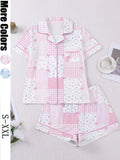 Women's Plaid Floral Bow Print Short Sleeve Shorts Fitted Pajama Set