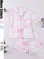 Women's Plaid Floral Bow Print Short Sleeve Shorts Fitted Pajama Set