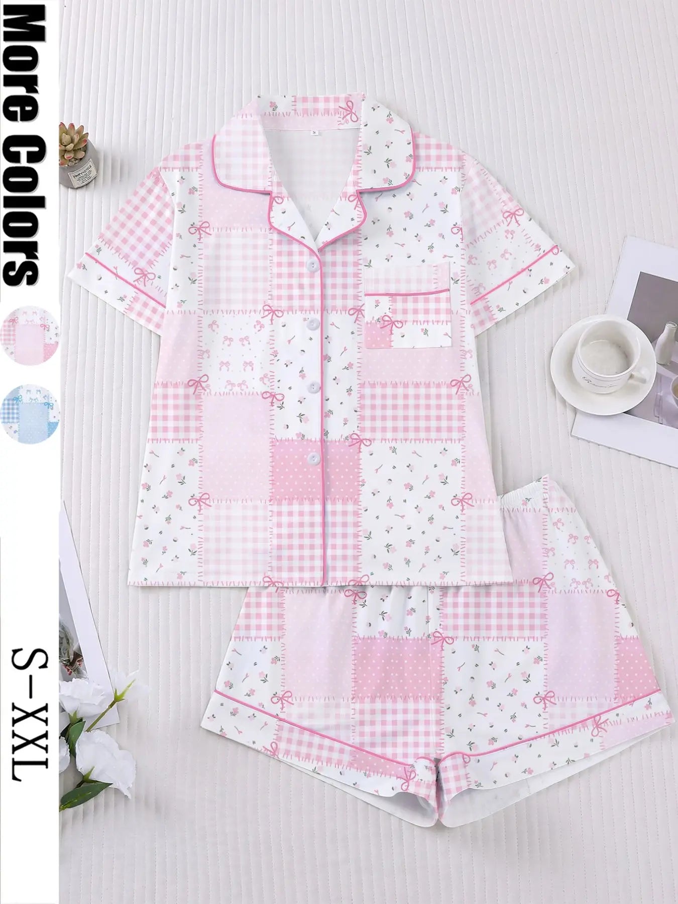 Women's Plaid Floral Bow Print Short Sleeve Shorts Fitted Pajama Set