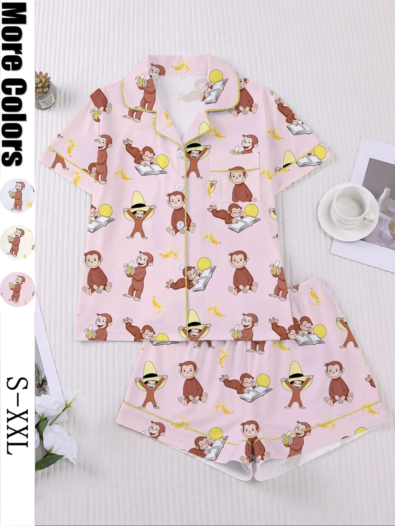 Women's Monkey Banana Print Sleepwear Set, Comfortable Short Sleeve Button Shirt & Loose Elastic Shorts, Fashion Casual Home Wear, Pajama Set, Matching Pj Set, Sleepwear Pajamas Set