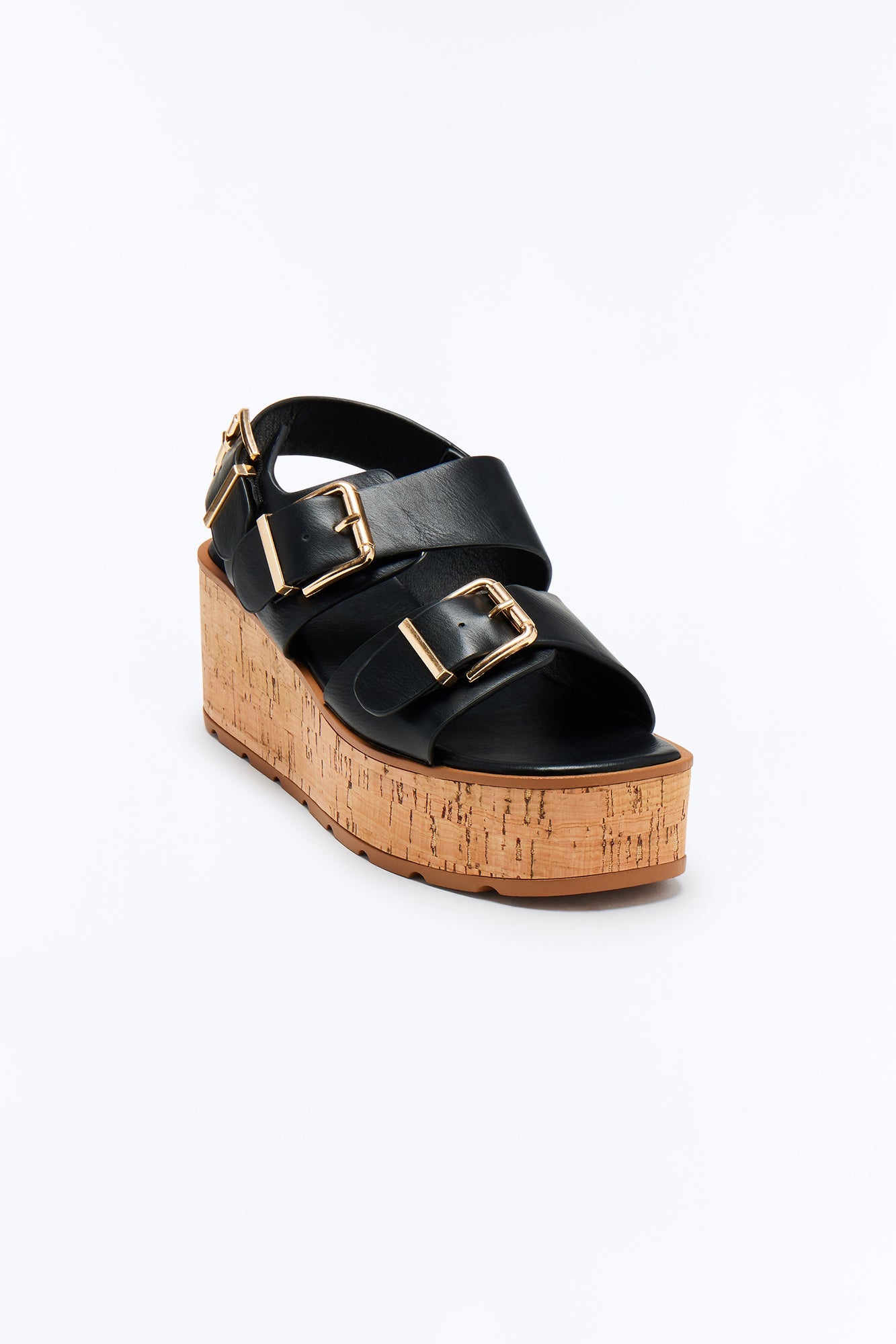 Earnest Buckle Cork Platform Sandals - Black