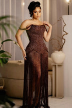 Glitter Off Shoulder Patchwork Fringe Hem Party Maxi Dresses-Red