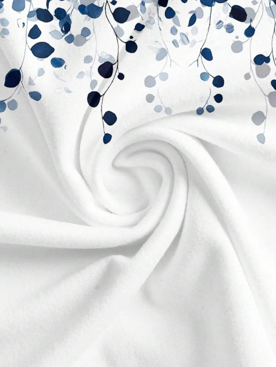 Women 2pcs Set White And Blue Navy Blue Floral Printed Top And Flowing Wide-Leg Pants Autumn Casual Elegant Tea Party Travel Vacation Work Outfits