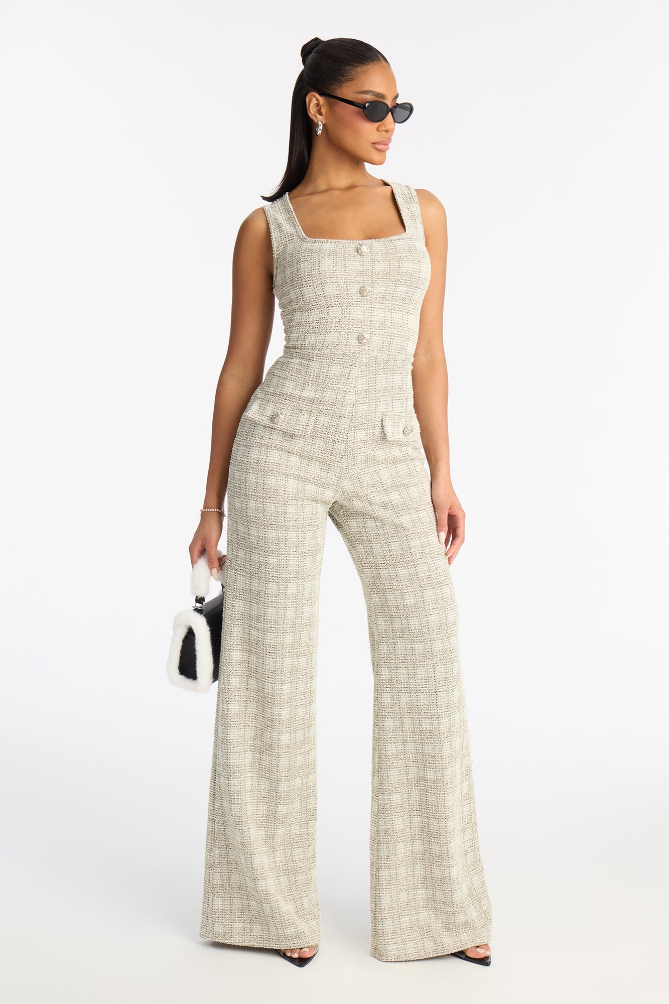 Class Act Knit Tweed Jumpsuit - Cream/combo