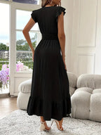Women's Shirred V Neck Dress - Elegant Casual Summer Wear