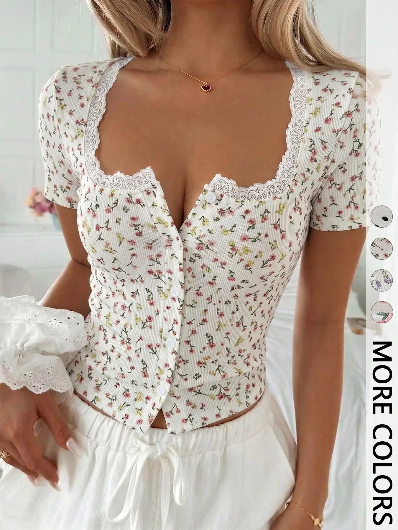 Sweetheart Neck Floral Lace Crop Top for Women