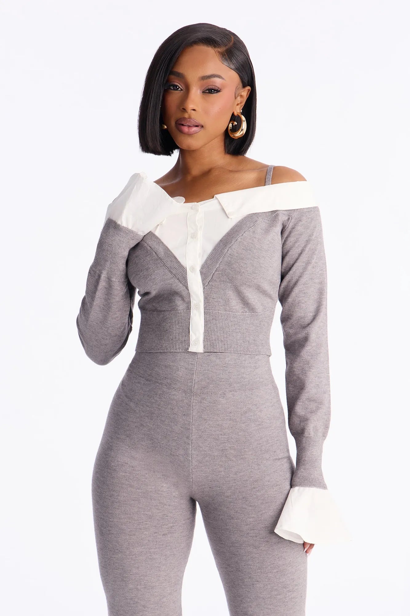 Katherine Sweater Off Shoulder Pant Set - Grey