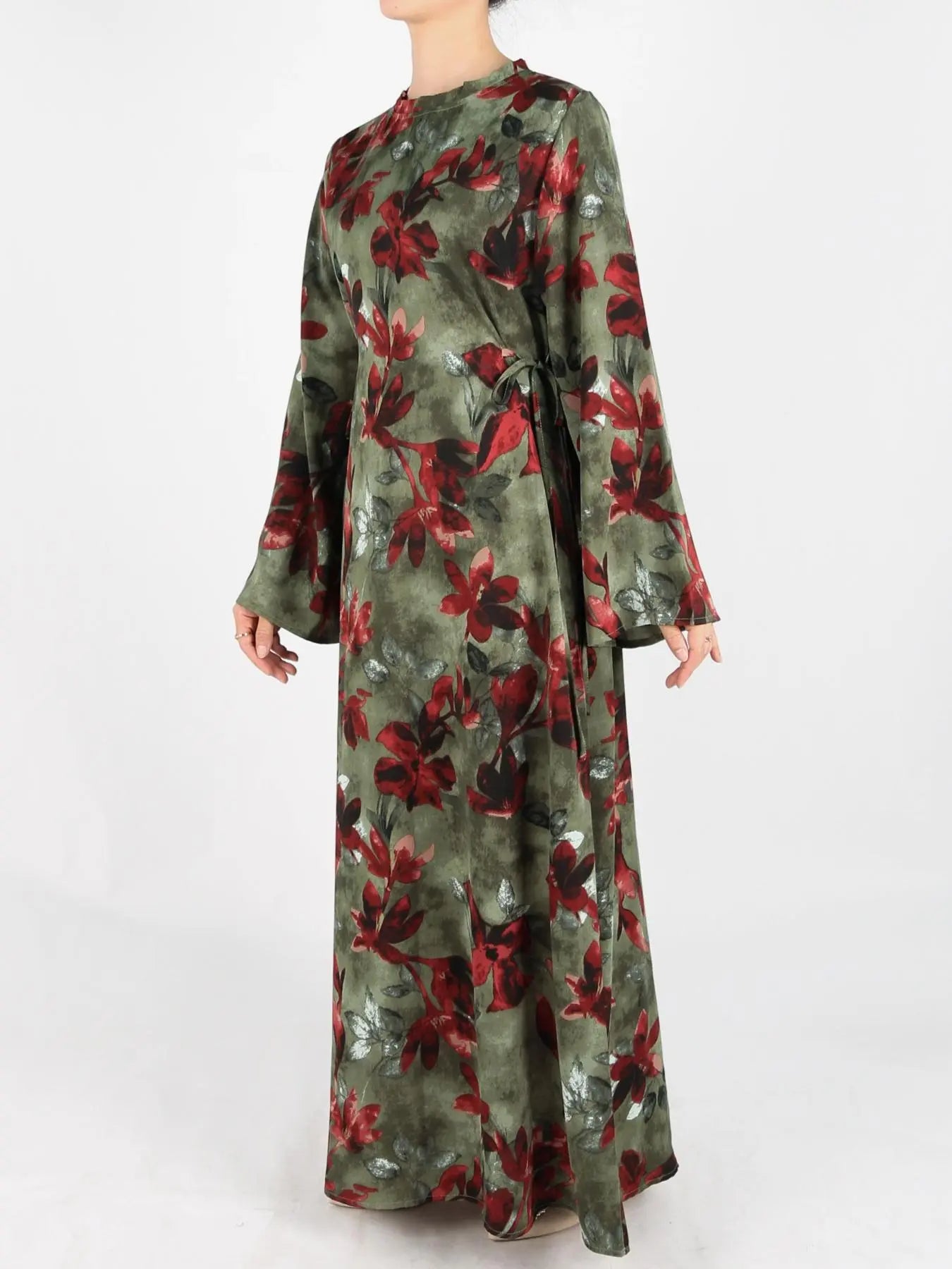 Women's Tie Side Zipper Back Dress, Elegant Long Sleeve Belted Abaya Dress for Daily Wear, Ladies Islamic Clothing for All Seasons, Round Neck Abayas