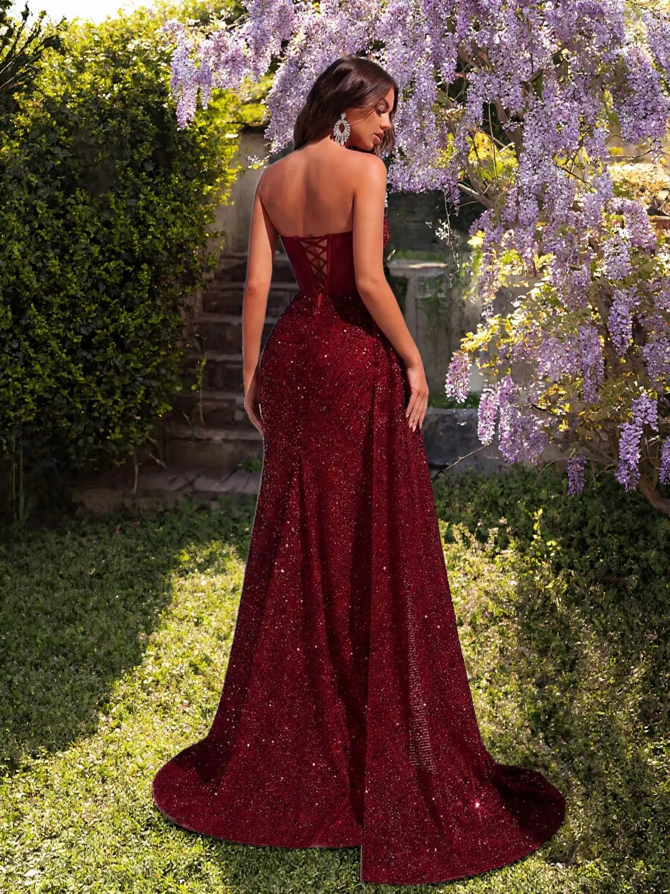 Elegant Beaded Evening Dress, Off-the-Shoulder High Waist Long Train, Open Back Slit, Formal Party Gown, Women's Fashionable Prom Dress, Formal Wear