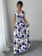 Elenzga Women V-Neck Allover Print Casual Long Dress