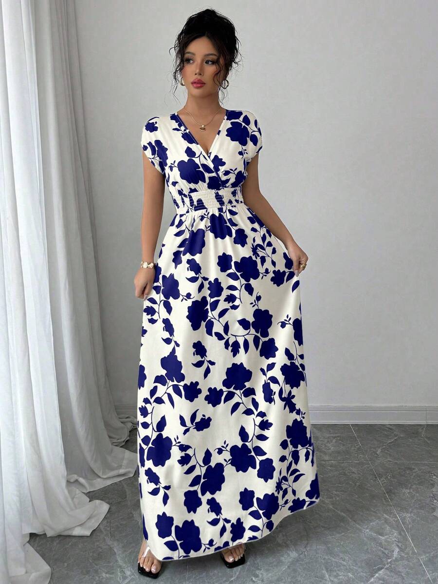 Elenzga Women V-Neck Allover Print Casual Long Dress