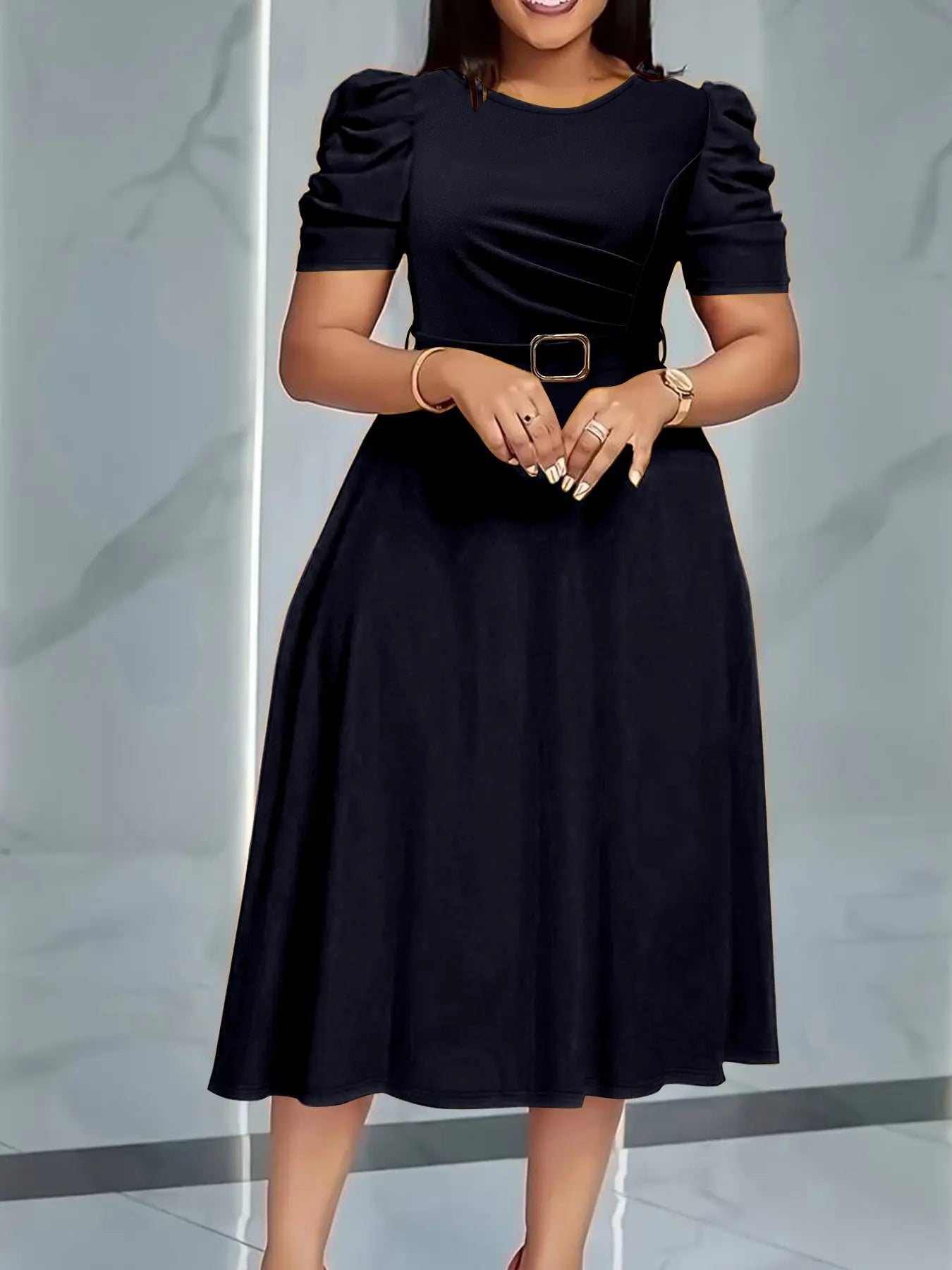 Summer Camel Bubble Sleeve Midi Dress with Waist Belt