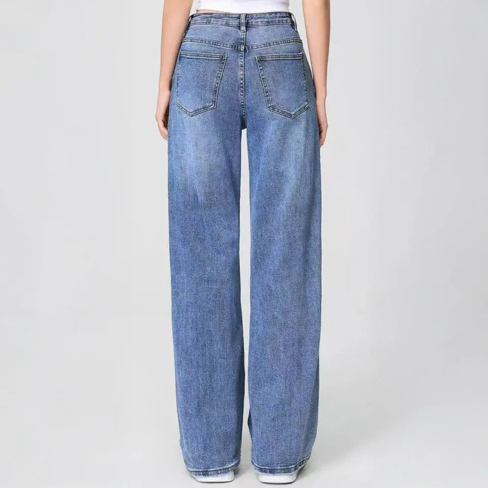 Women's Street Chic High Waist Multi-Pocket Baggy Denim Wide Leg Jeans, Versatile Streetwear Outfits, Asymmetric Waist Denim Trousers
