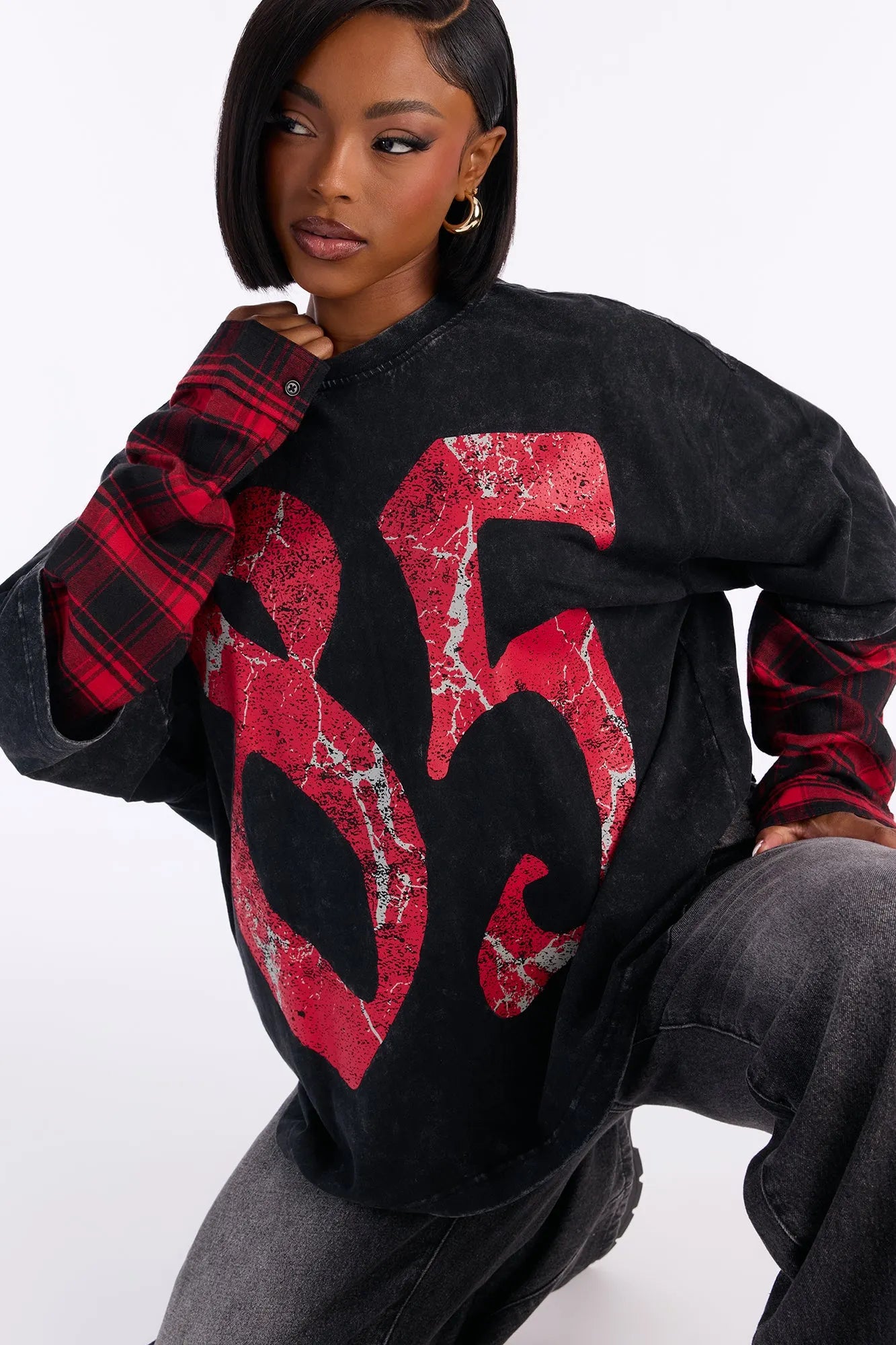 After Party 85 Plaid Crew Neck Twofer Tshirt - Red/combo