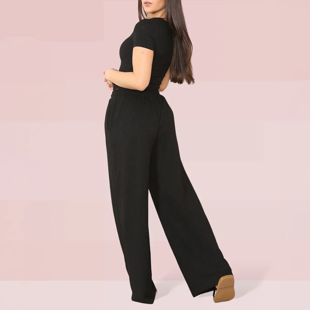 Women's Trendy Square Neck Shaping Bodysuit & High Waist Wide Leg Pockets Trousers Co-ord,Short Sleeve Shapewear,Two-Piece Outfit for Womenswear