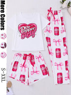3-Piece Casual Sleepwear Set Pajamas Loungewear for Women Lady with Bow Print