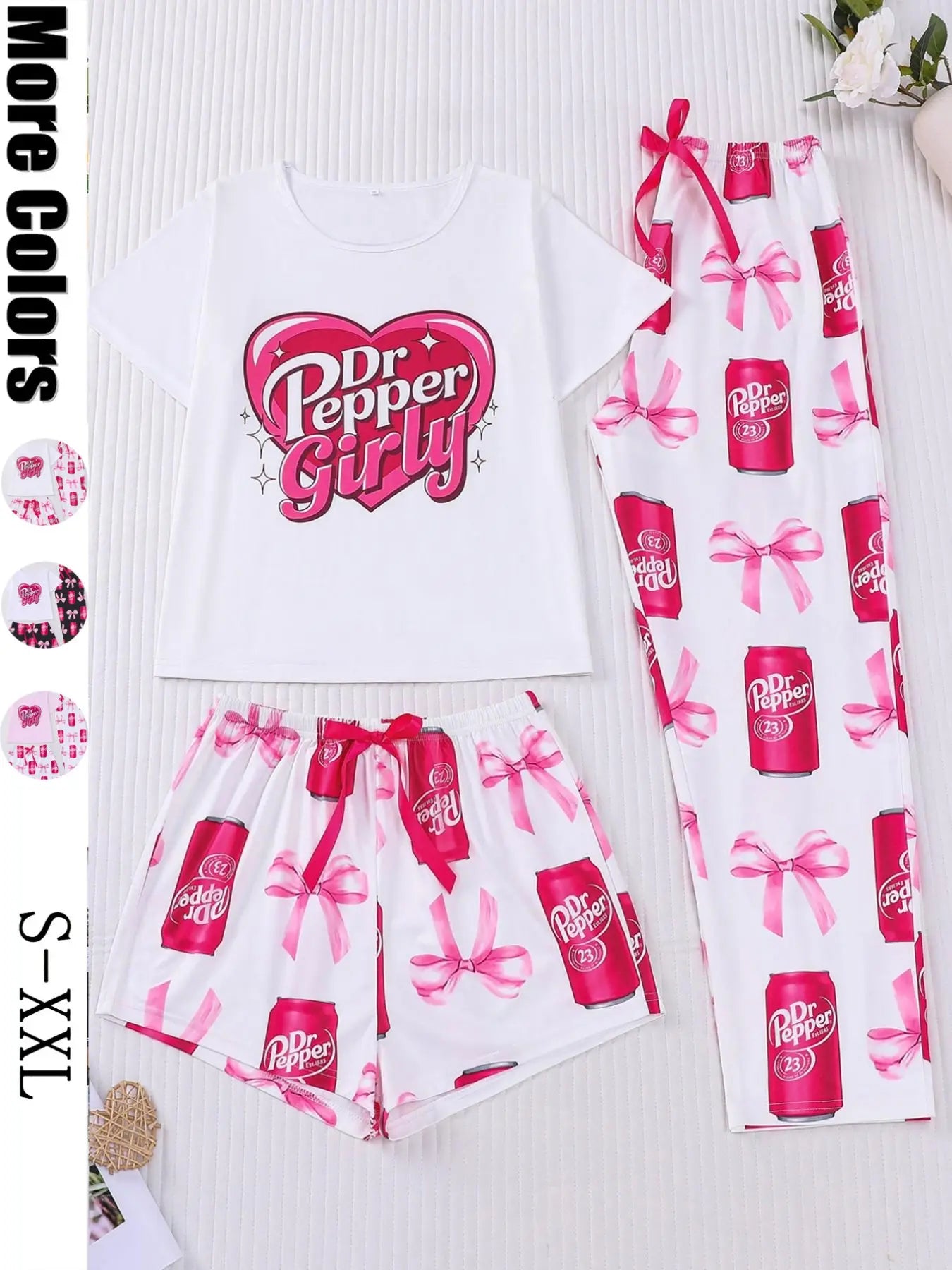 3-Piece Casual Sleepwear Set Pajamas Loungewear for Women Lady with Bow Print