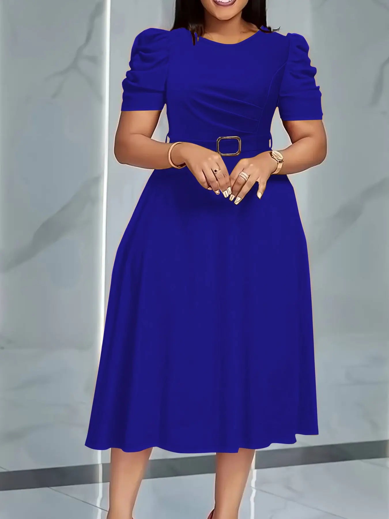 Summer Camel Bubble Sleeve Midi Dress with Waist Belt