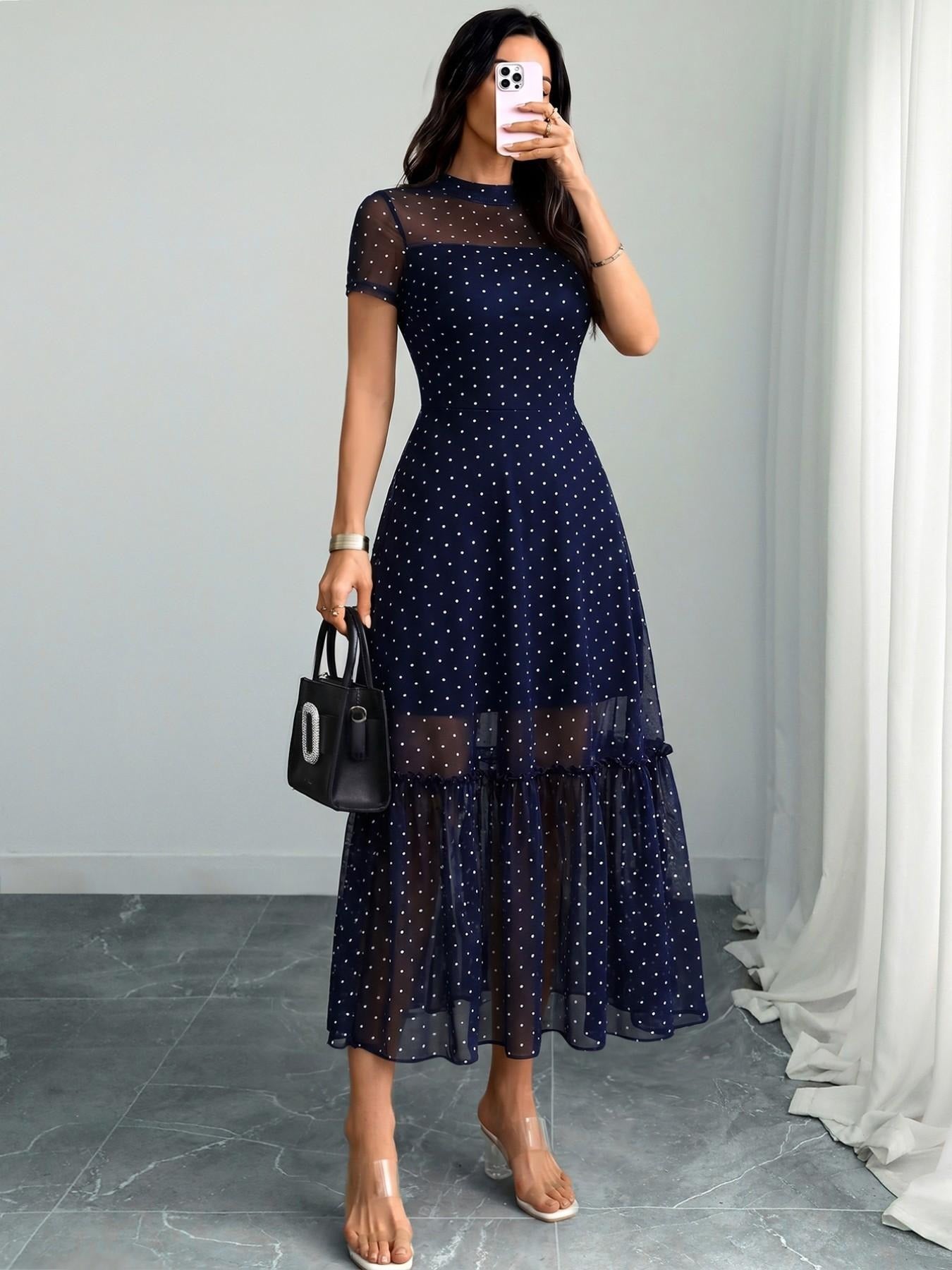 Women's Sexy Leopard Print Elegant Round Neck Mesh Skirt Dress, Stylish Casual Fashion, Perfect for Parties and Daily Wear