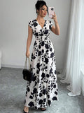 Elenzga Women V-Neck Allover Print Casual Long Dress