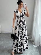 Elenzga Women V-Neck Allover Print Casual Long Dress