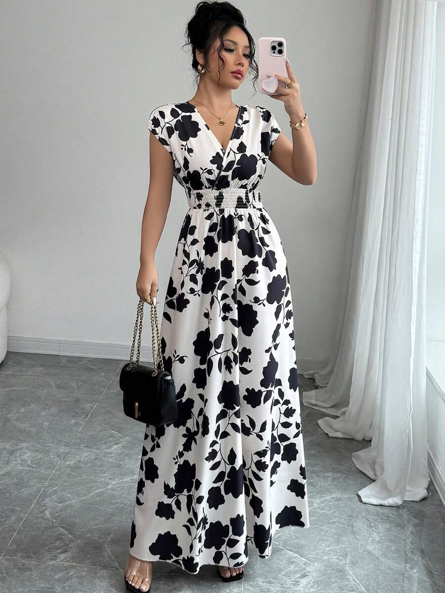 Elenzga Women V-Neck Allover Print Casual Long Dress
