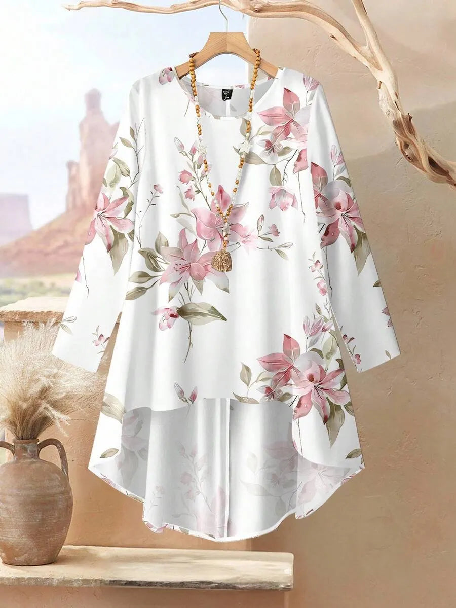 2pcs Women Vintage Floral Loose Fit Round Neck Long Sleeve Top And Pants Set, Suitable For Autumn/Winter Ladies Casual Sets Fall Clothes