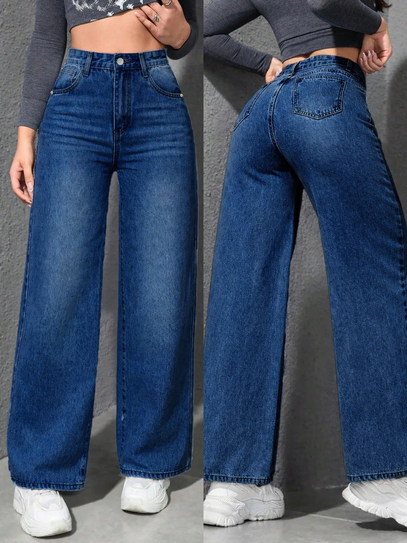 Spring Summer High Waist Elastic Women's Jeans, Washed Blue Casual Wide Leg Pants, Fitted H-Type Denim for Daily Commute and Vacation