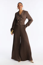 Office Ready Pleated Wide Leg Jumpsuit - Brown