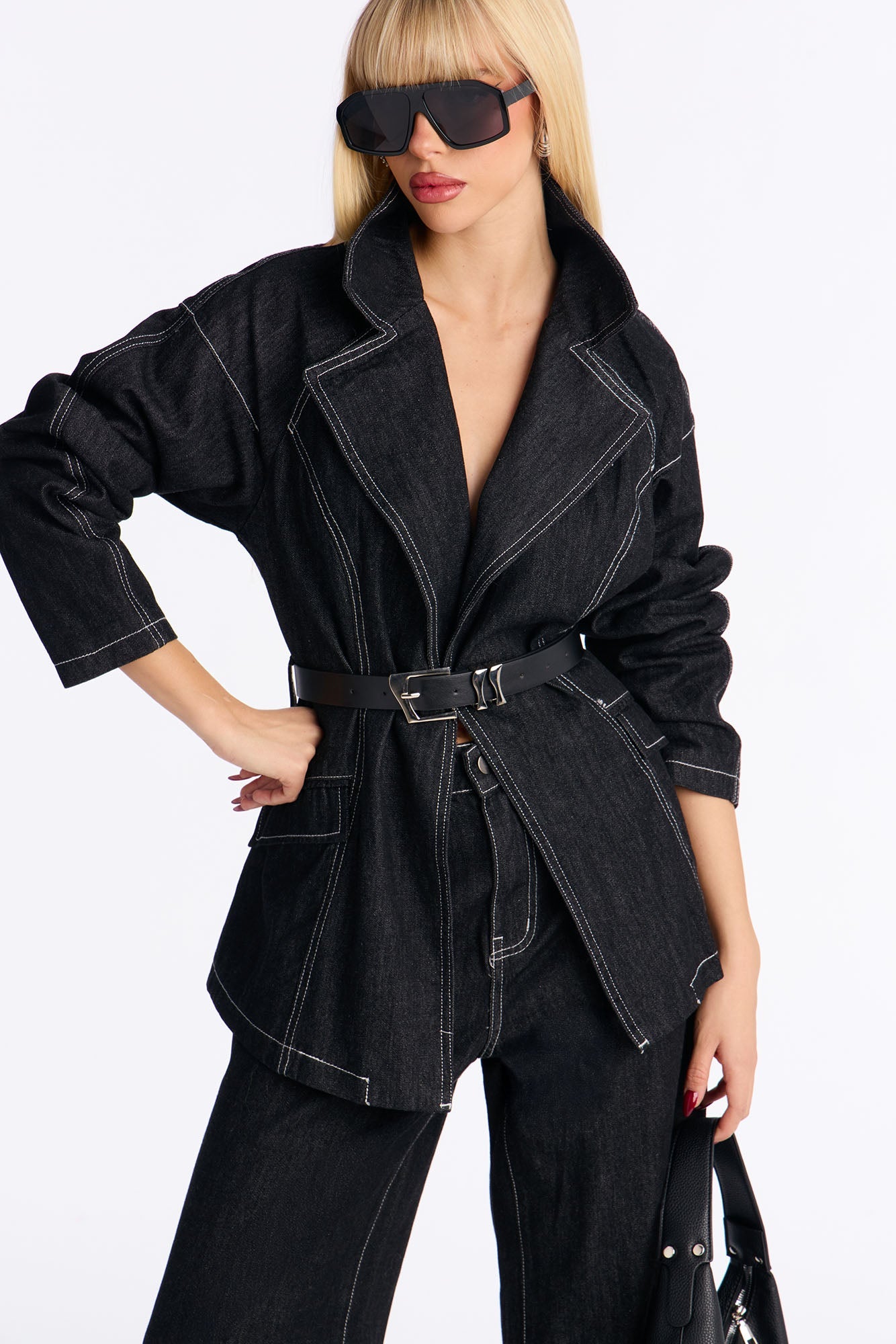 Power Stitched Belted Denim Pant Set - Dark Denim