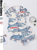Women's Sleepwear Set, Short Sleeve Button-Up Soft Top & Elastic Shorts