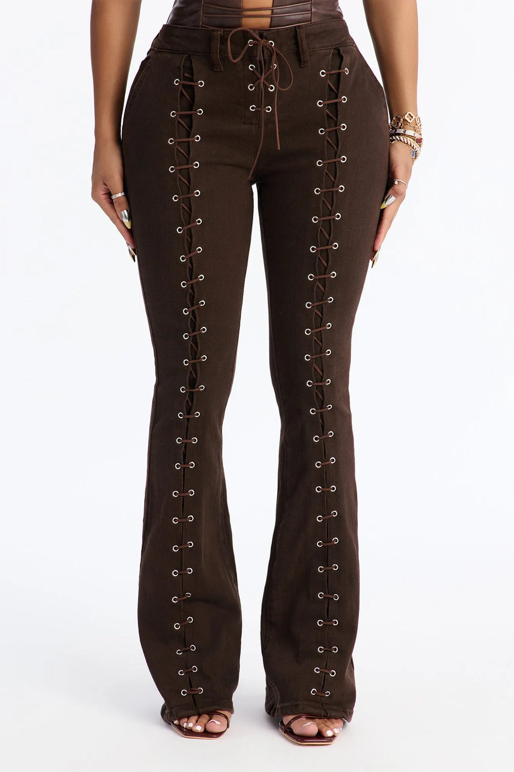 Maddy Lace Up Flare Jeans - Brown