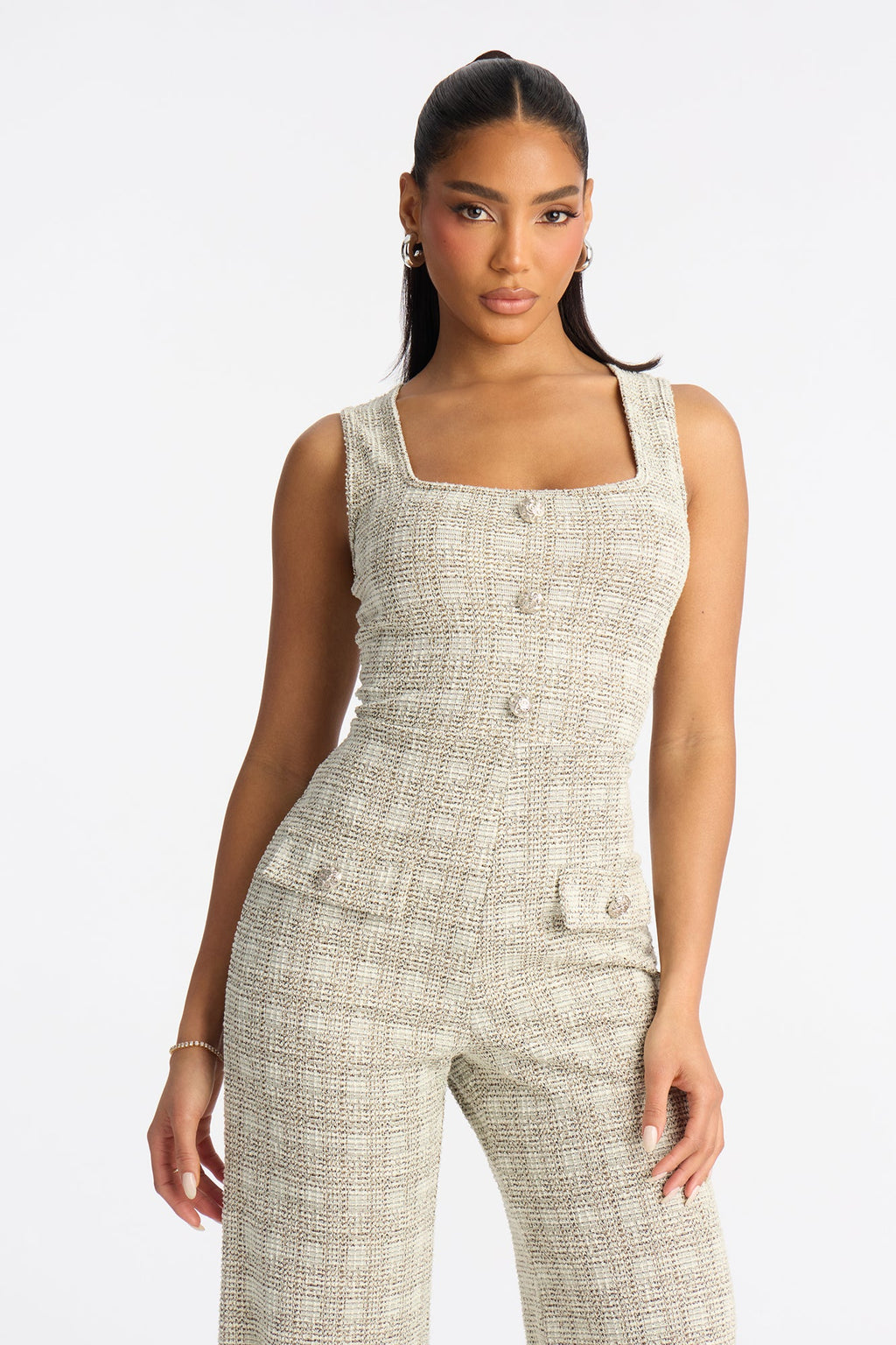 Class Act Knit Tweed Jumpsuit - Cream/combo