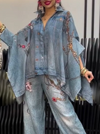 Womens Collar Patchwork Denim Print Jacket and Jeans