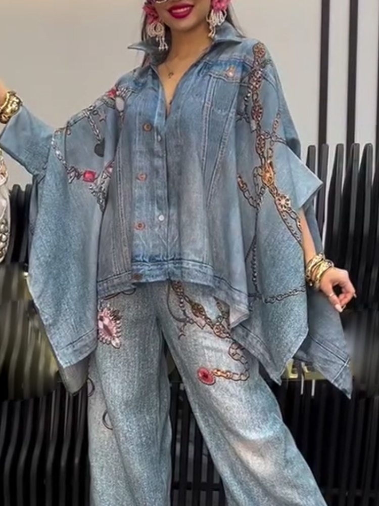 Womens Collar Patchwork Denim Print Jacket and Jeans